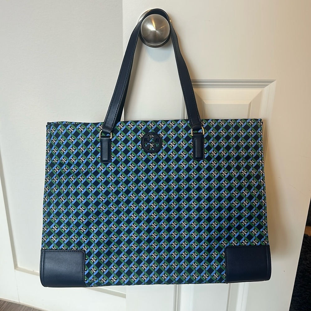 Tory Burch Ella Navy Logo Tote Nylon Geo Logo Green Shoulder Authentic